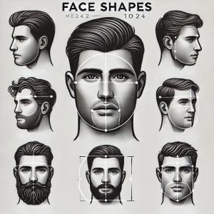 Schemat kształtów twarzy męskich, przedstawiający sześć głównych typów: owalną, kwadratową, okrągłą, prostokątną, diamentową i trójkątną.