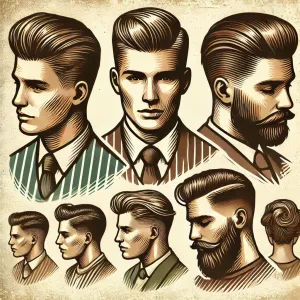 Vintage'owy schemat przedstawiający popularne fryzury męskie, takie jak Slick Back, Side Part, Taper Fade i French Crop