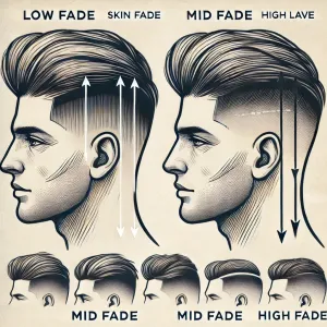 Schemat fryzury Skin Fade przedstawiający stopniowe przejście od skóry do dłuższych włosów, z oznaczeniami Low Fade, Mid Fade i High Fade.